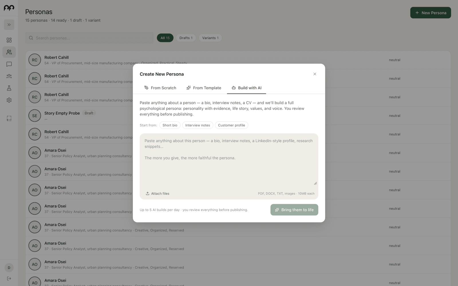 The Build with AI dialog in the live app
