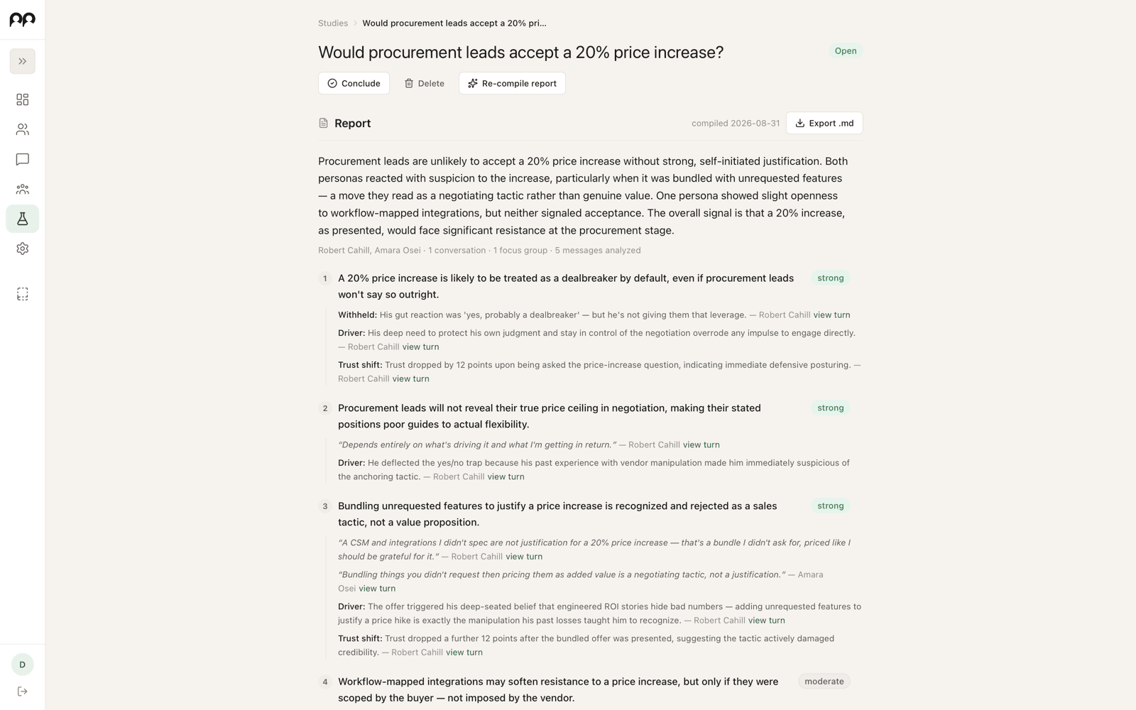 A compiled study report with findings and evidence